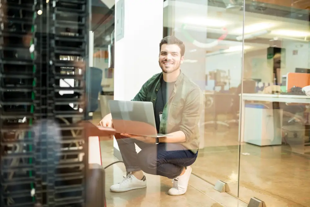 Server rack in a small business server room awaiting Windows Server 2016 migration