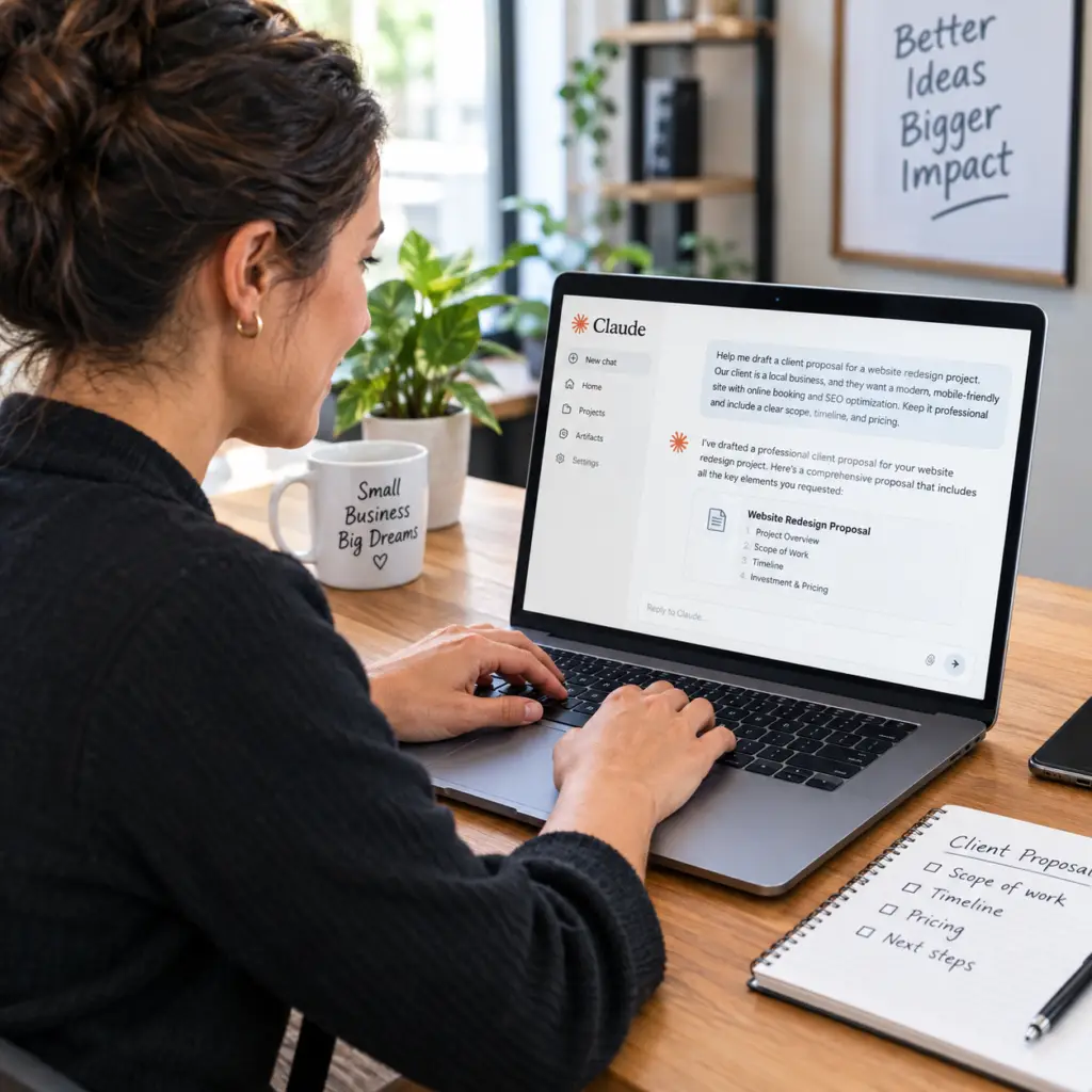 Small business owner using Claude AI on a laptop to draft a client proposal
