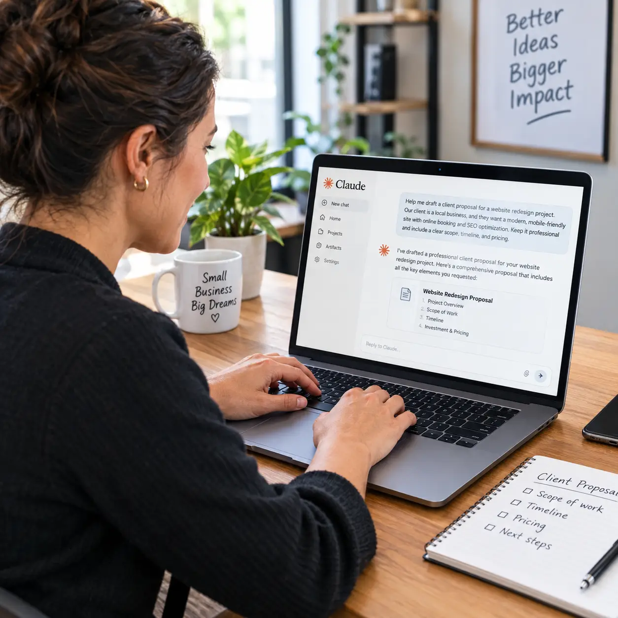 Small business owner using Claude AI on a laptop to draft a client proposal